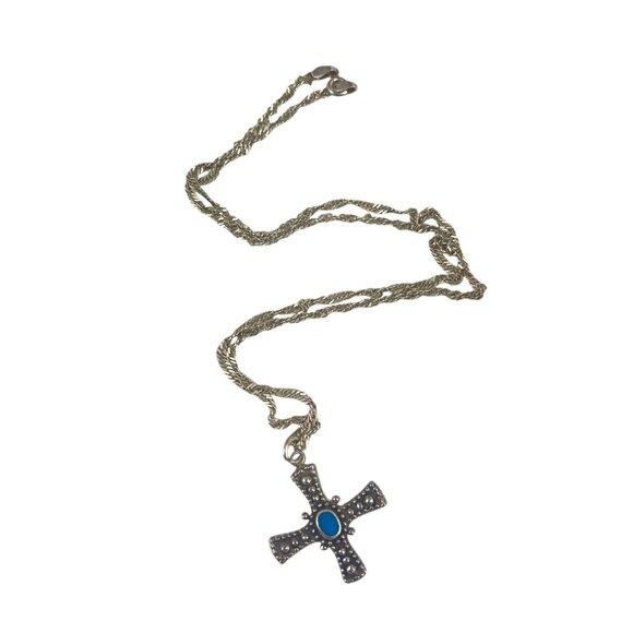 Sterling Silver Cross Pendant Necklace Turquoise Accent Intricate Detailing - Picture 3 of 9